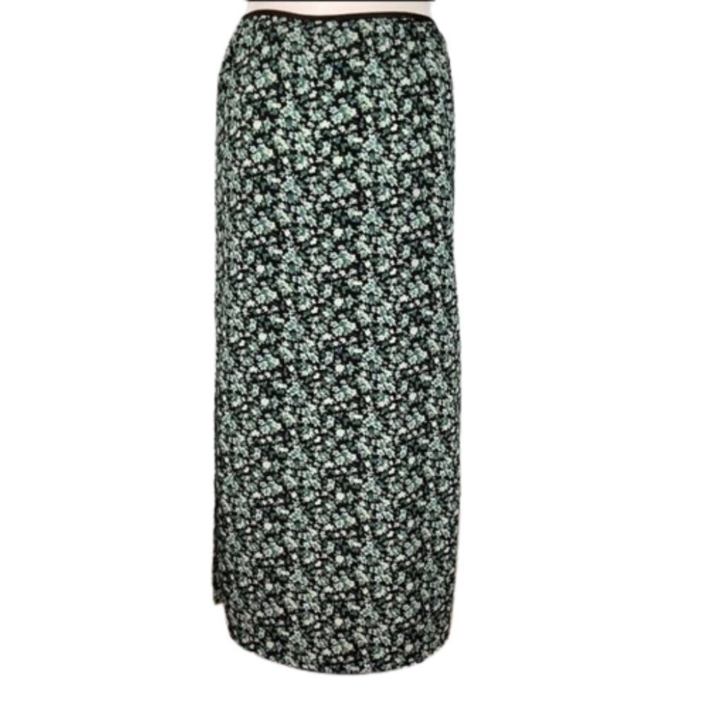 Vintage Blue Maxi Skirt in Black Green All-Over Floral Side Slits Size Small